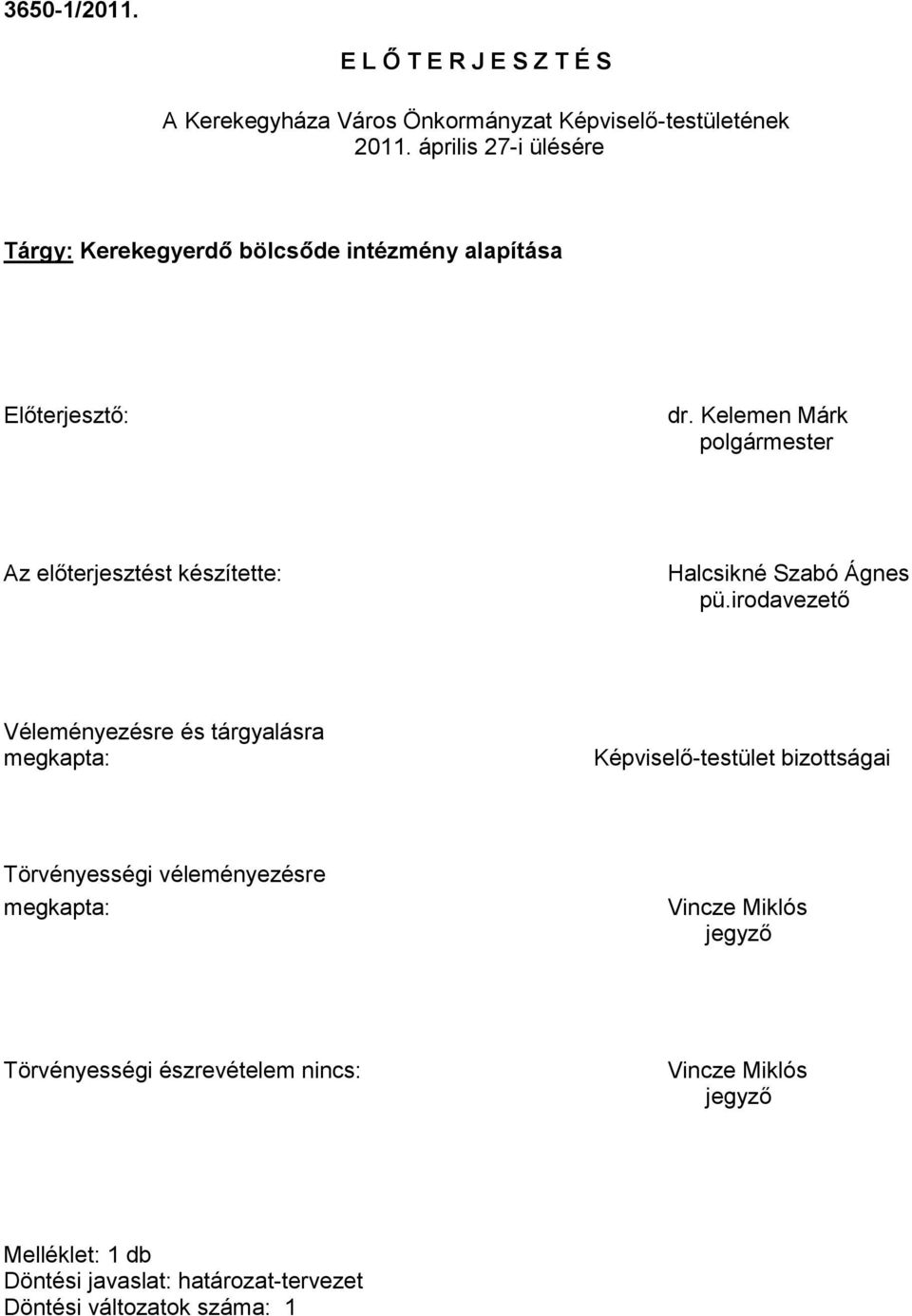 Kelemen Márk polgármester Az előterjesztést készítette: Halcsikné Szabó Ágnes pü.