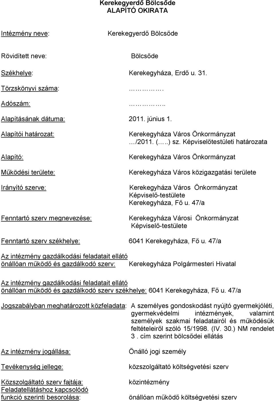 Képviselőtestületi határozata Kerekegyháza Város Önkormányzat Kerekegyháza Város közigazgatási területe Kerekegyháza Város Önkormányzat Képviselő-testülete Kerekegyháza, Fő u.