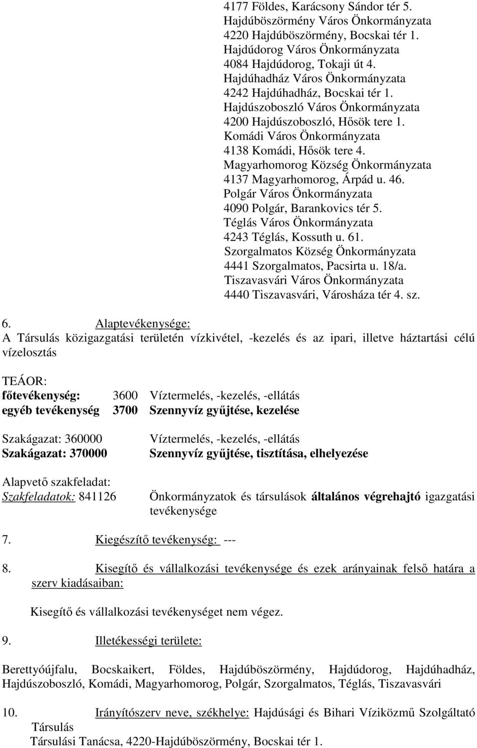 Magyarhomorog Község Önkormányzata 4137 Magyarhomorog, Árpád u. 46. Polgár Város Önkormányzata 4090 Polgár, Barankovics tér 5. Téglás Város Önkormányzata 4243 Téglás, Kossuth u. 61.