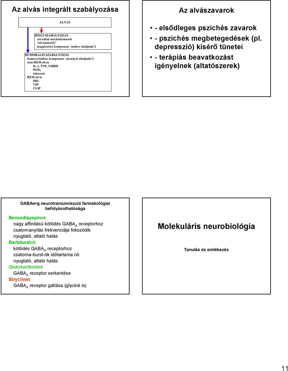 Benzodiazepinek nagy affinitású kötődés GABA A receptorhoz csatornanyílás frekvenciája fokozódik nyugtató, altató hatás Barbiturátok kötődés GABA A