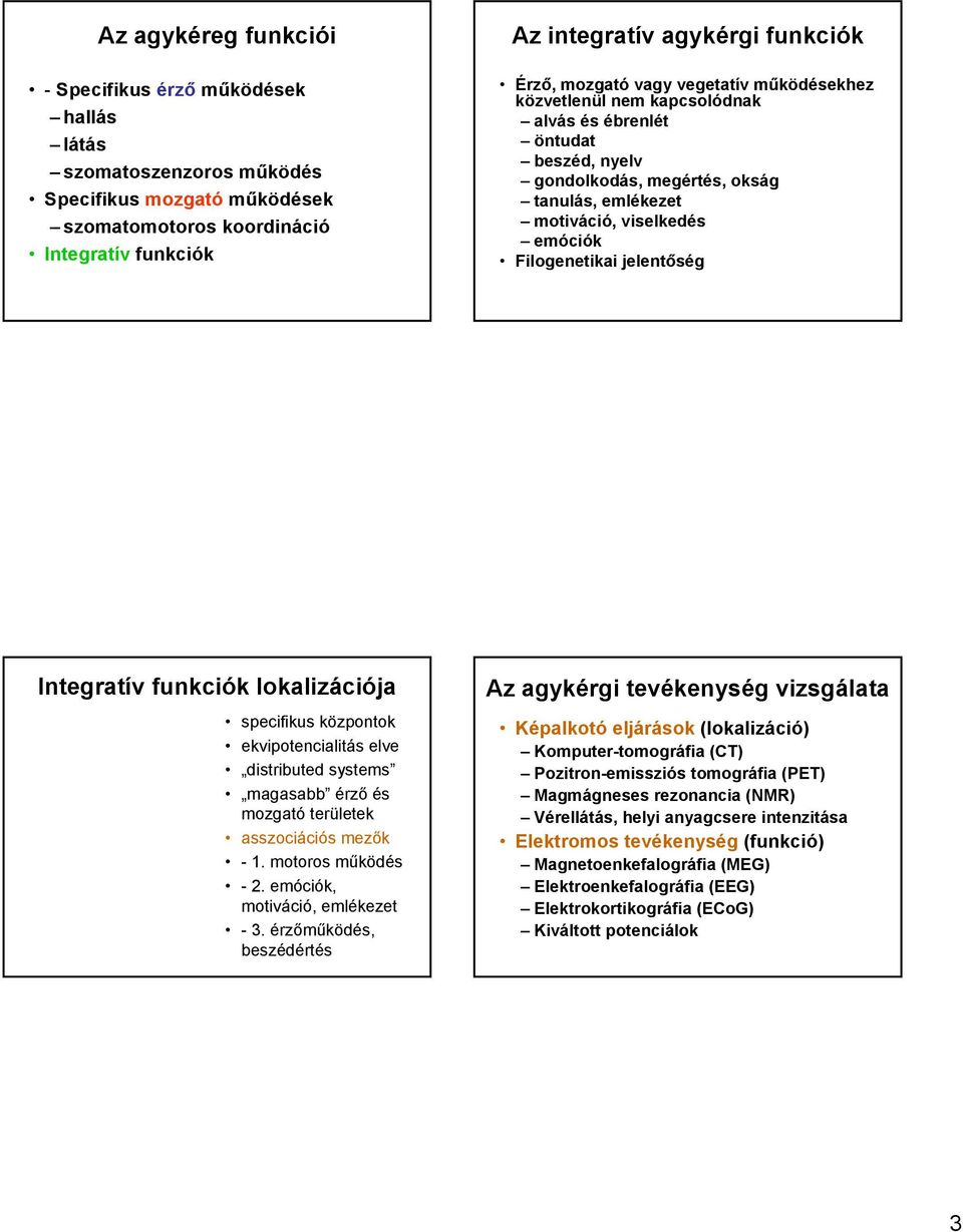 jelentőség Integratív funkciók lokalizációja specifikus központok ekvipotencialitás elve distributed systems magasabb érző és mozgató területek asszociációs mezők - 1. motoros működés - 2.