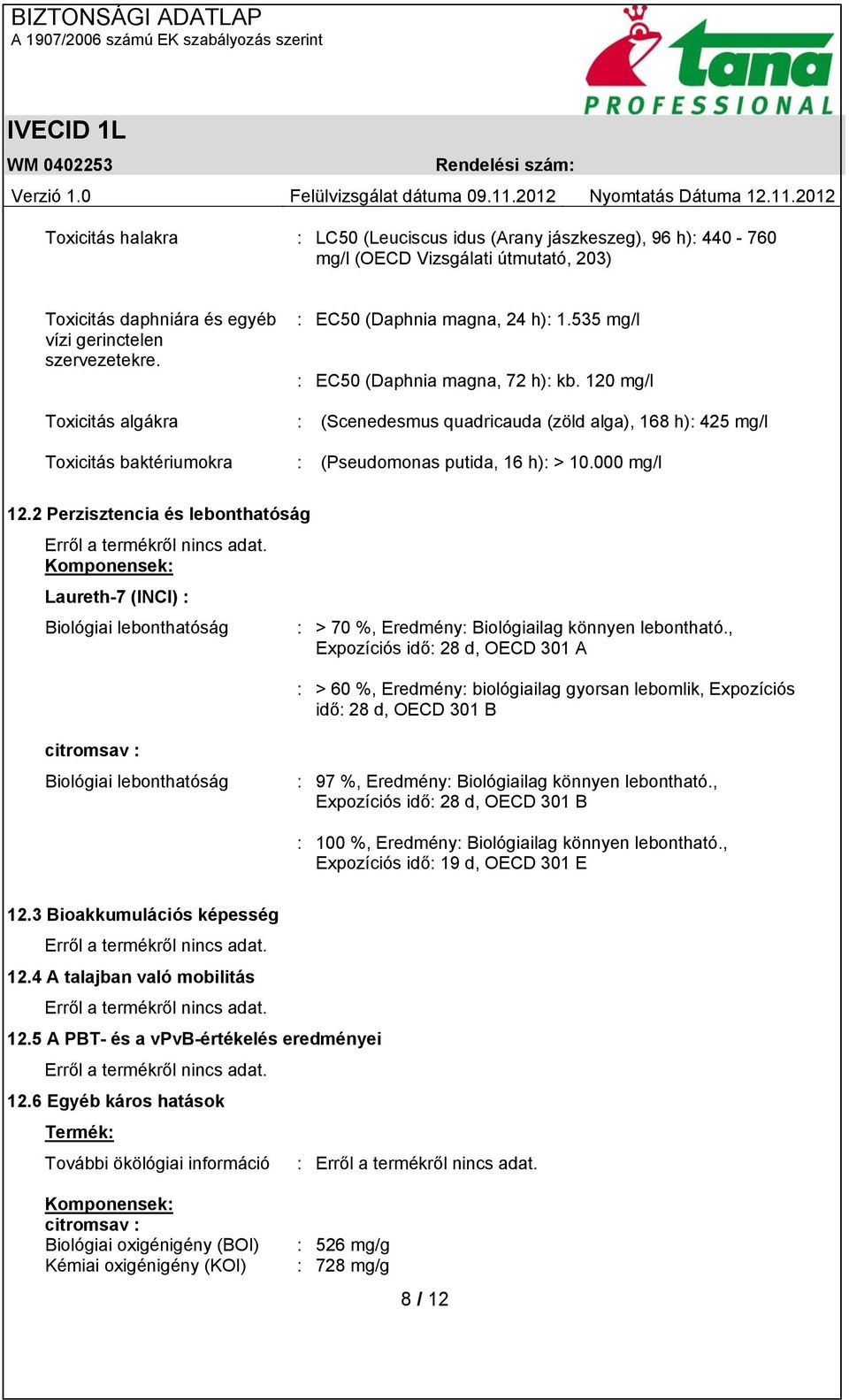 120 mg/l Toxicitás algákra : (Scenedesmus quadricauda (zöld alga), 168 h): 425 mg/l Toxicitás baktériumokra : (Pseudomonas putida, 16 h): > 10.000 mg/l 12.