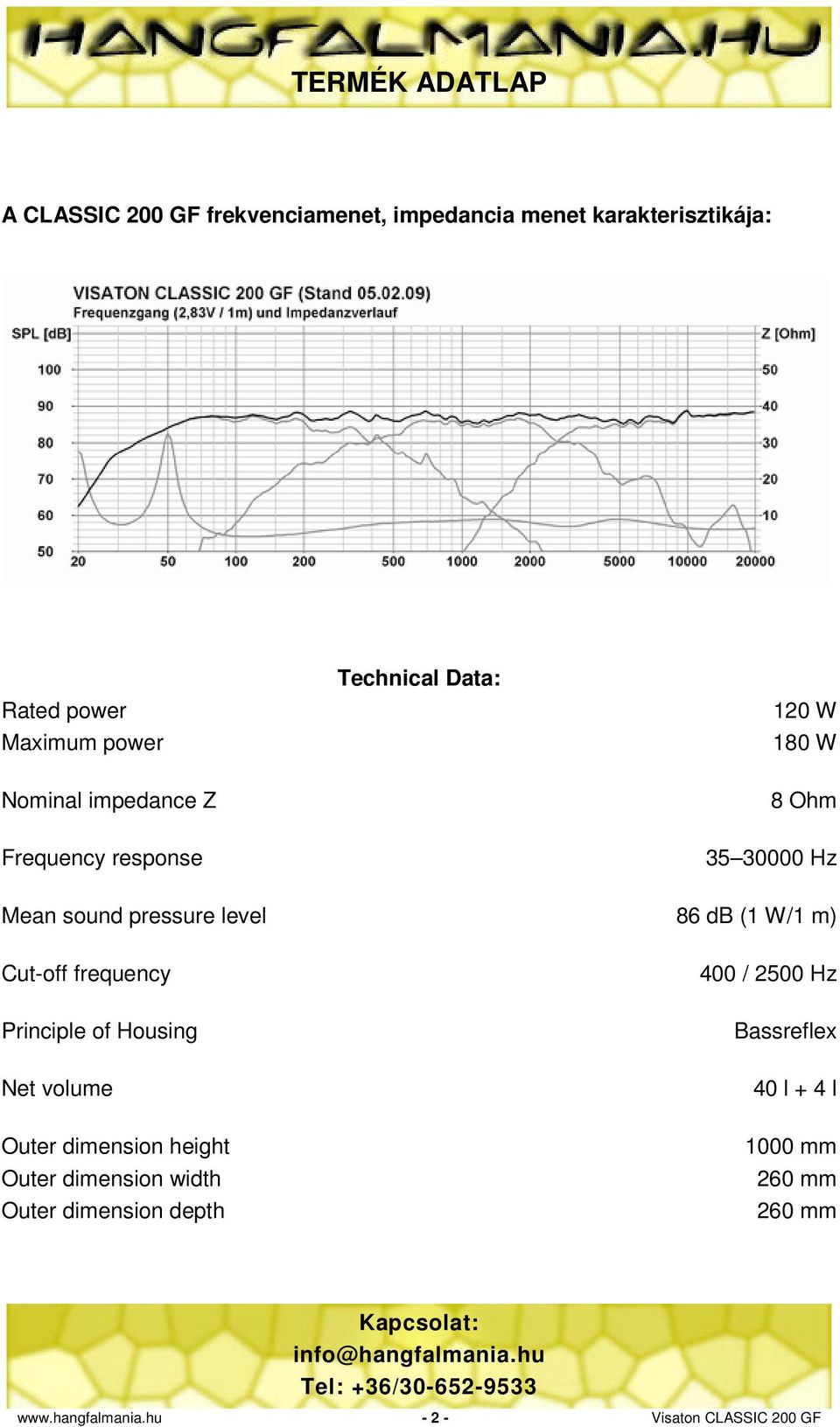 Cut-off frequency Principle of Housing Net volume Outer dimension height Outer dimension width Outer dimension