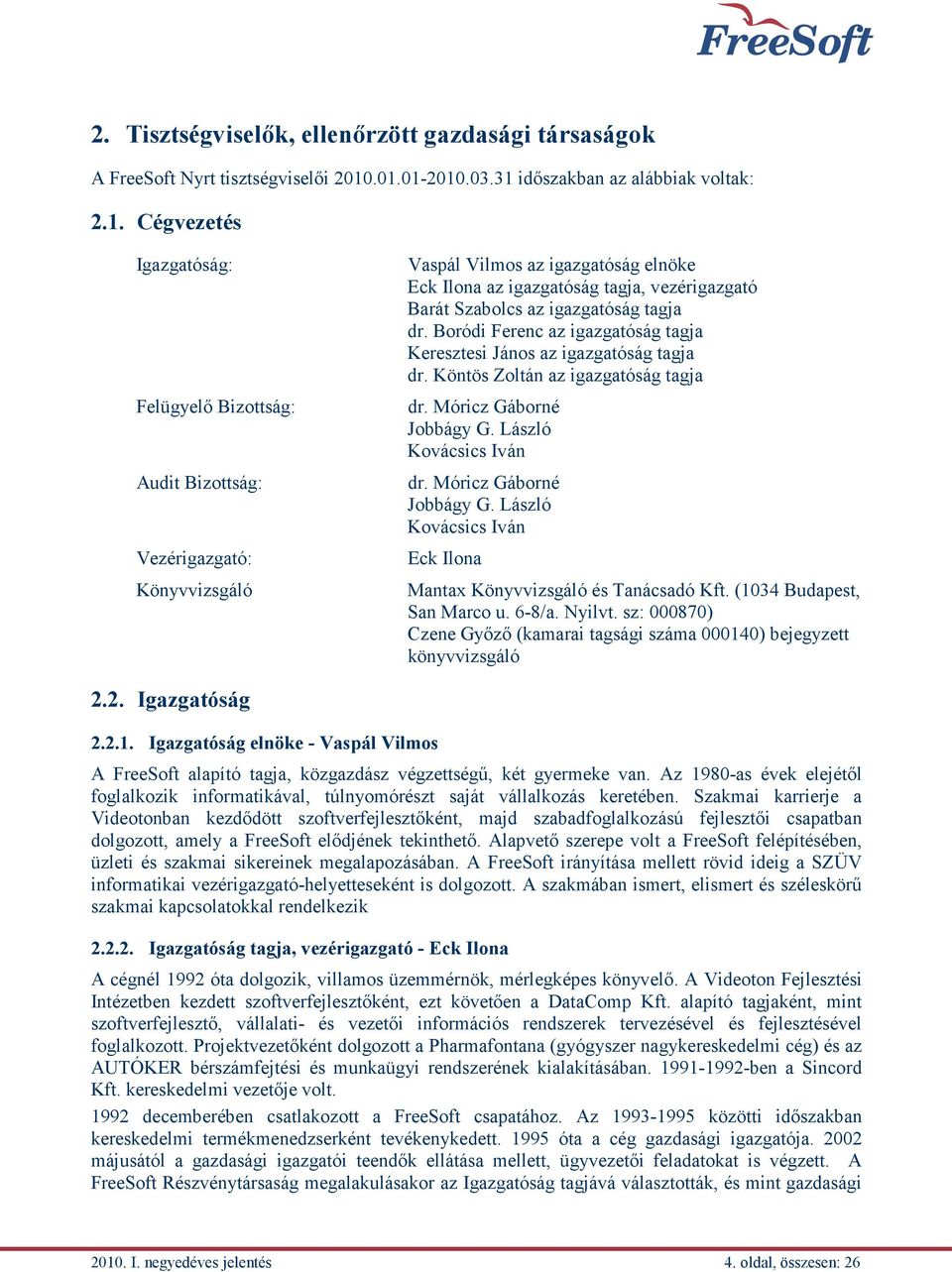 igazgatóság tagja, vezérigazgató Barát Szabolcs az igazgatóság tagja dr. Boródi Ferenc az igazgatóság tagja Keresztesi János az igazgatóság tagja dr. Köntös Zoltán az igazgatóság tagja dr.