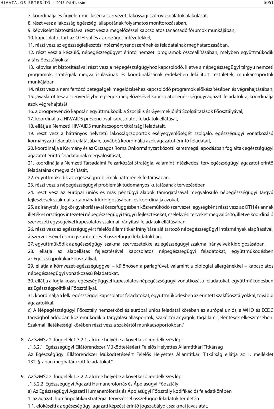 kapcsolatot tart az OTH-val és az országos intézetekkel, 11. részt vesz az egészségfejlesztés intézményrendszerének és feladatainak meghatározásában, 12.