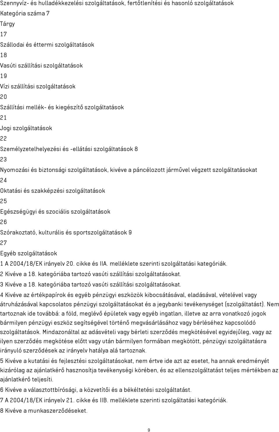 kivéve a páncélozott járművel végzett szolgáltatásokat 24 Oktatási és szakképzési szolgáltatások 25 Egészségügyi és szociális szolgáltatások 26 Szórakoztató, kulturális és sportszolgáltatások 9 27