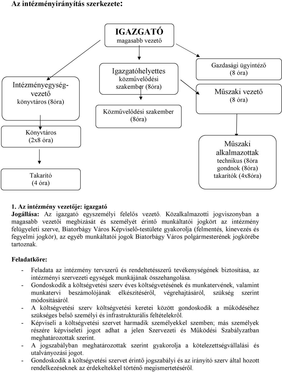 Az intézmény vezetője: igazgató Jogállása: Az igazgató egyszemélyi felelős vezető.