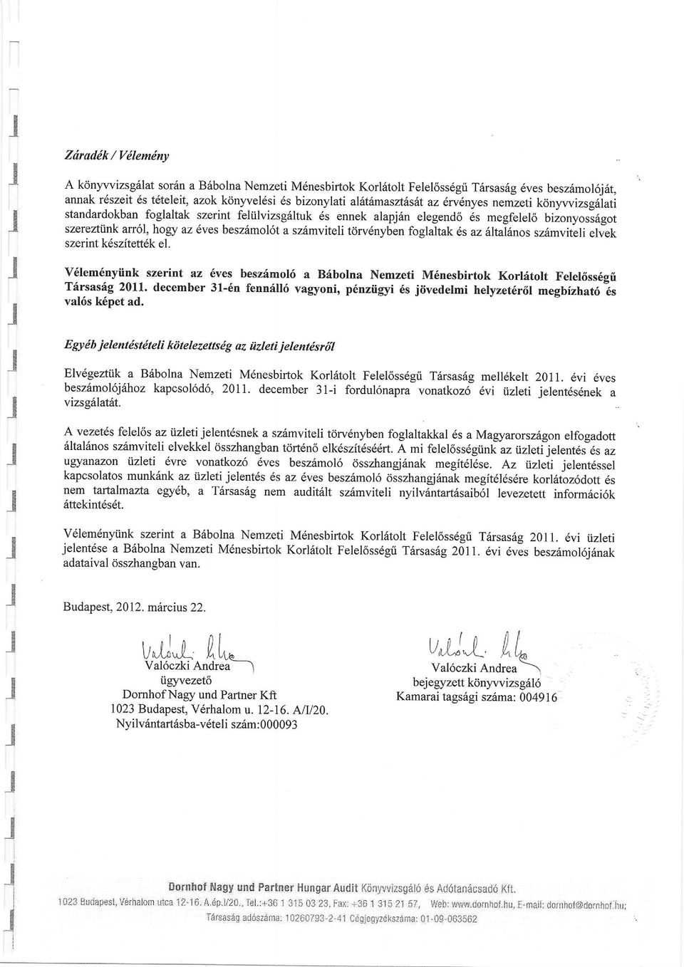 ilvizsgiiltuk 6s ennek alapjan elegend6 6s megfelel6 biionyoss6got szereztiink arr6l, hogy az 6ves besziimol6t a szimviteli t6rv6nyben foglaltak 6s az ltajinos szamviteli elvek szerint k6sz(tett6k el.