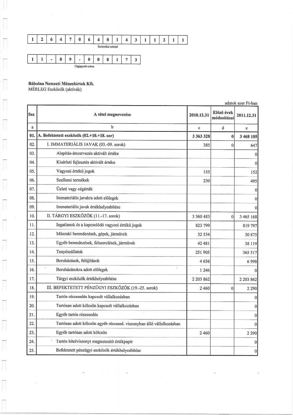 Vagyoni ertdkii jogok 155 152 06. Szellemi term kek 230 495 0'1. Uzleti vagy c6g6rt6k 0 08. ImmateriSlis j avaka adott el6legek 09. Inmateri6lis j avak Atekhelyesbitese c 10. II. TARGYT EszKozdK (11.