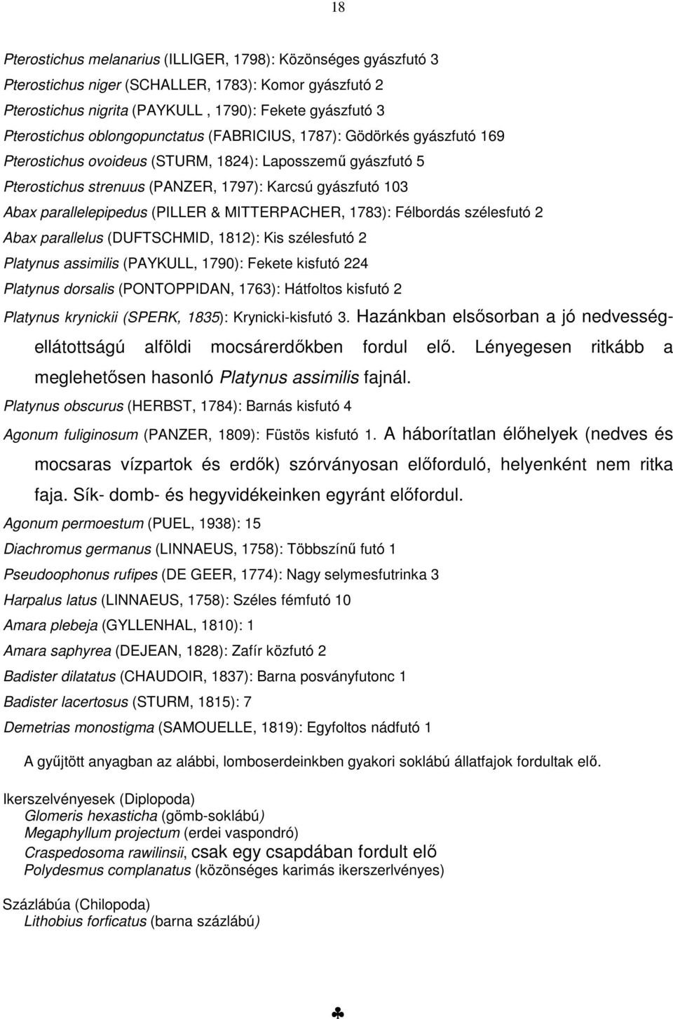 (PILLER & MITTERPACHER, 1783): Félbordás szélesfutó 2 Abax parallelus (DUFTSCHMID, 1812): Kis szélesfutó 2 Platynus assimilis (PAYKULL, 1790): Fekete kisfutó 224 Platynus dorsalis (PONTOPPIDAN,