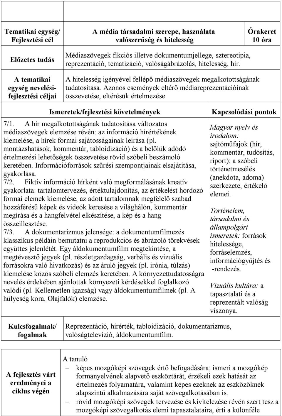 Azonos események eltérő médiareprezentációinak összevetése, eltérésük értelmezése Ismeretek/fejlesztési követelmények 7/1.