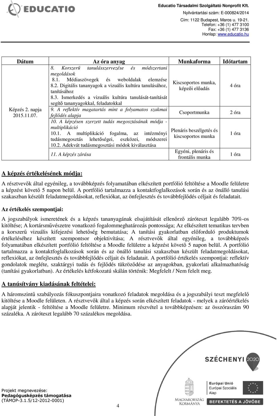 07. 9. A reflektív magatartás mint a folyamatos szakmai fejlődés alapja 10. A képzésen szerzett tudás megosztásának módja - multiplikáció 10.1. A multiplikáció fogalma, az intézményi tudásmegosztás lehetőségei, eszközei, módszerei 10.