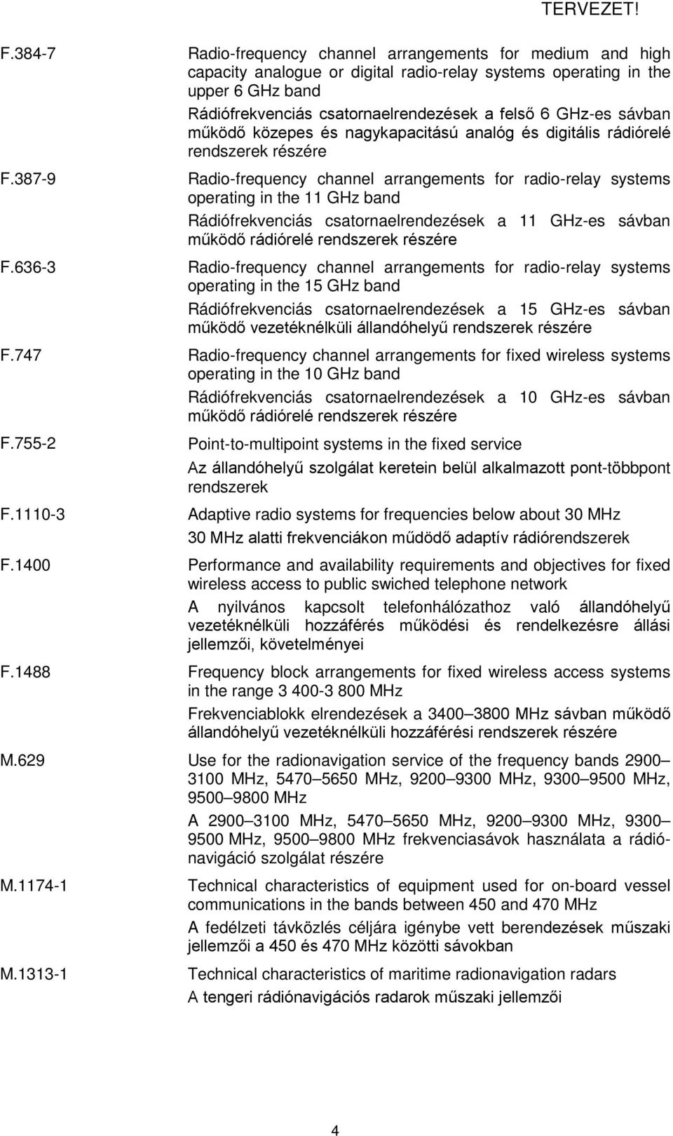 GHz-es sávban működő közepes és nagykapacitású analóg és digitális rádiórelé rendszerek részére Radio-frequency channel arrangements for radio-relay systems operating in the 11 GHz band