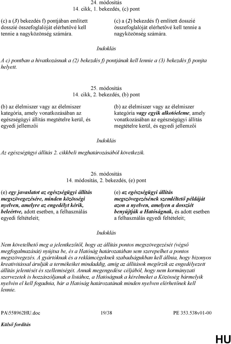 A c) pontban a hivatkozásnak a (2) bekezdés f) pontjának kell lennie a (3) bekezdés f) ponjta helyett. 25. módosítás 14. cikk, 2.