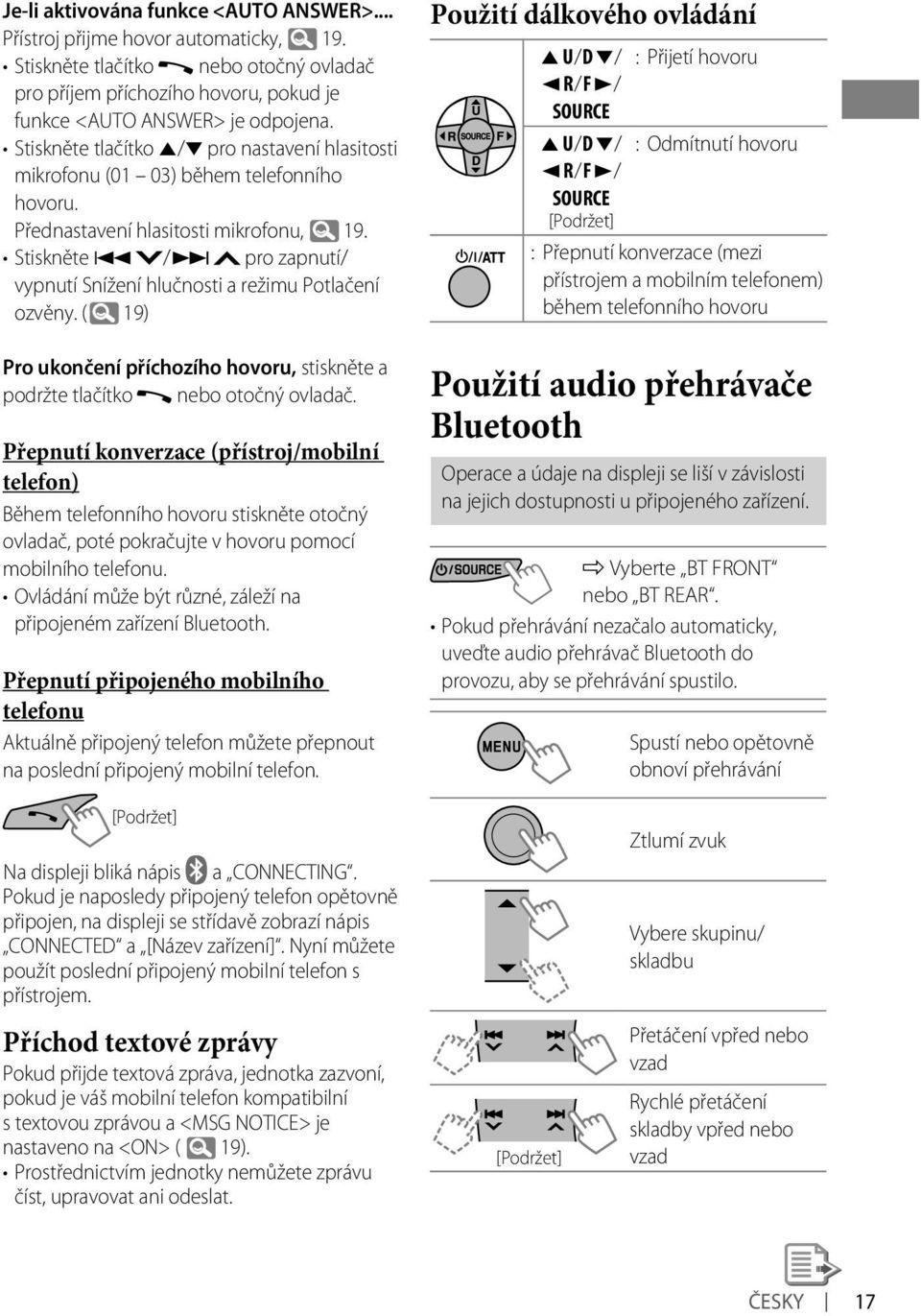 Stiskněte 4 / pro zapnutí/ vypnutí Snížení hlučnosti a režimu Potlačení ozvěny. ( 19) Pro ukončení příchozího hovoru, stiskněte a podržte tlačítko nebo otočný ovladač.