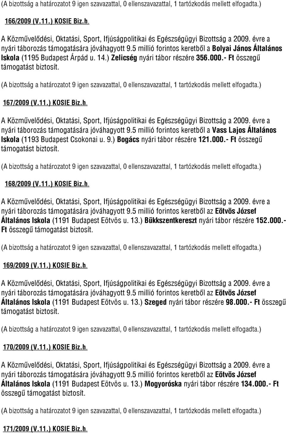 000.- Ft összegű 168/2009 (V.11.) KOSIE Biz.h. nyári táborozás támogatására jóváhagyott 9.5 millió forintos keretből az Eötvös József Általános Iskola (1191 Budapest Eötvös u. 13.