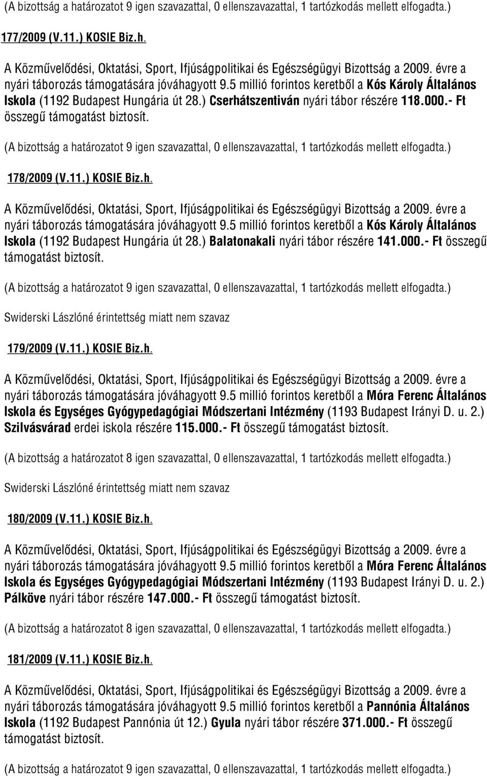 5 millió forintos keretből a Kós Károly Általános Iskola (1192 Budapest Hungária út 28.) Balatonakali nyári tábor részére 141.000.