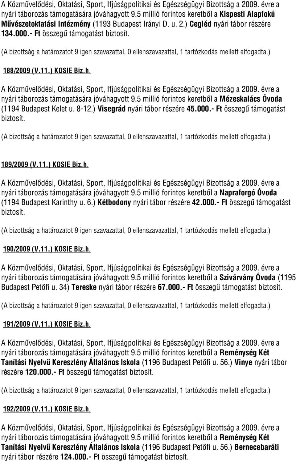 - Ft összegű támogatást biztosít. 189/2009 (V.11.) KOSIE Biz.h. nyári táborozás támogatására jóváhagyott 9.5 millió forintos keretből a Napraforgó Óvoda (1194 Budapest Karinthy u. 6.