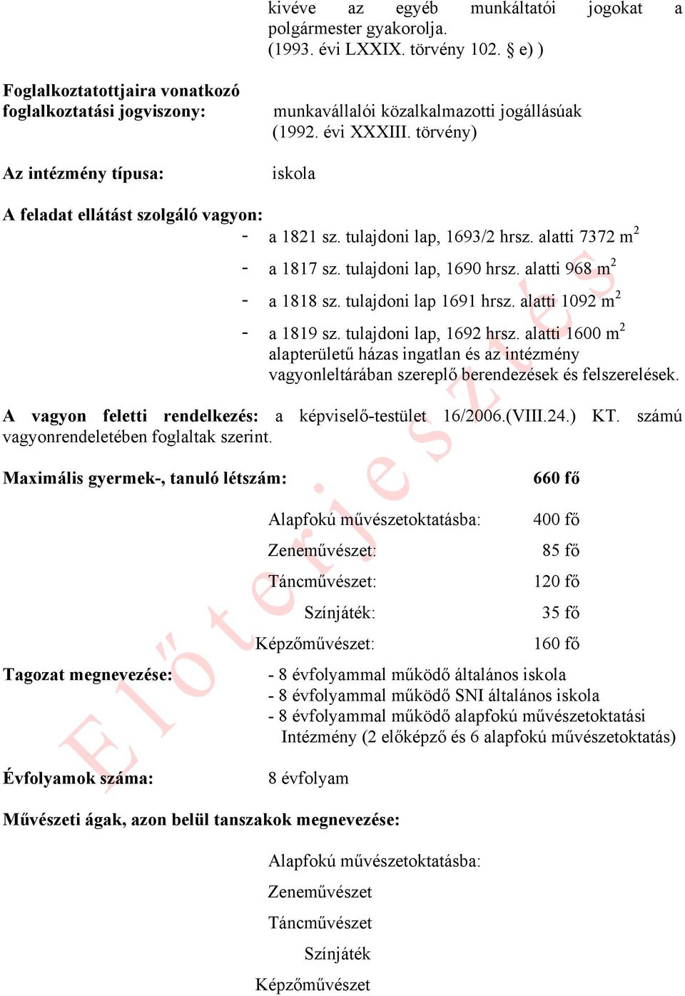 törvény) iskola A feladat ellátást szolgáló vagyon: - a 1821 sz. tulajdoni lap, 1693/2 hrsz. alatti 7372 m 2 - a 1817 sz. tulajdoni lap, 1690 hrsz. alatti 968 m 2 - a 1818 sz. tulajdoni lap 1691 hrsz.