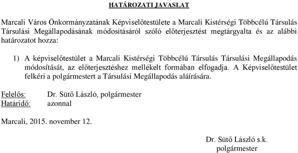 Társulás Társulási Megállapodás módosítását, az előterjesztéshez mellékelt formában elfogadja.