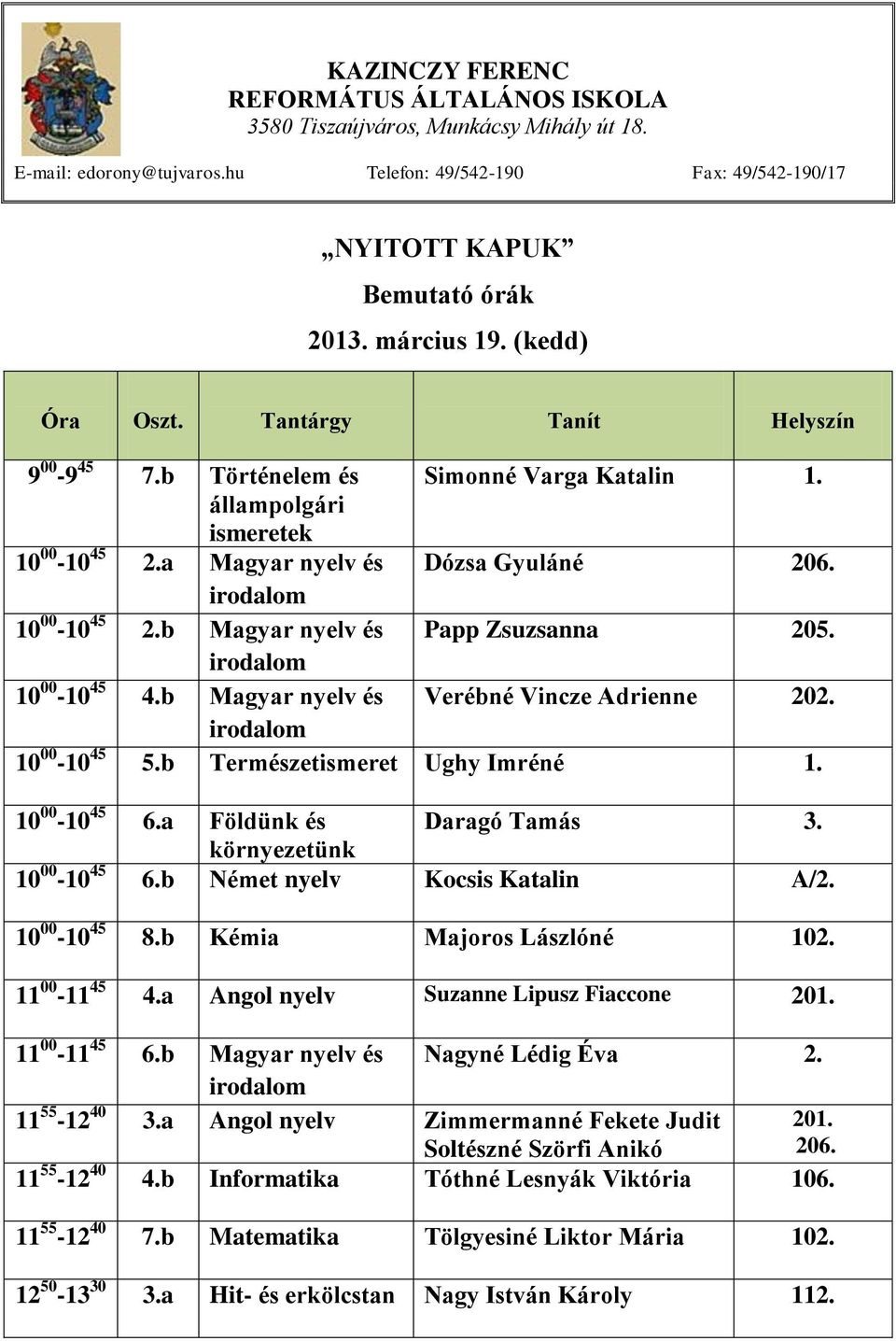 b Német nyelv Kocsis Katalin A/2. 10 00-10 45 8.b Kémia Majoros Lászlóné 102. 11 00-11 45 4.a Angol nyelv Suzanne Lipusz Fiaccone 201. 11 00-11 45 6.b Magyar nyelv és Nagyné Lédig Éva 2.