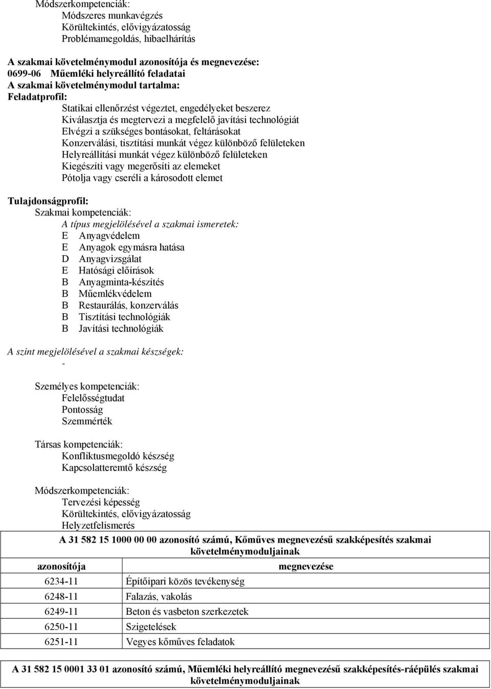 bontásokat, feltárásokat Konzerválási, tisztítási munkát végez különböző felületeken Helyreállítási munkát végez különböző felületeken Kiegészíti vagy megerősíti az elemeket Pótolja vagy cseréli a