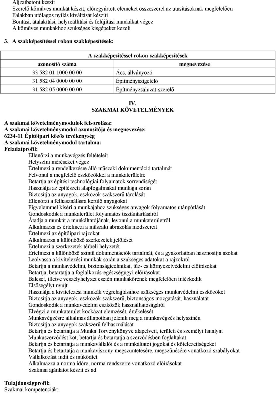 A szakképesítéssel rokon szakképesítések: A szakképesítéssel rokon szakképesítések azonosító száma megnevezése 33 582 01 1000 00 00 Ács, állványozó 31 582 04 0000 00 00 Építményszigetelő 31 582 05