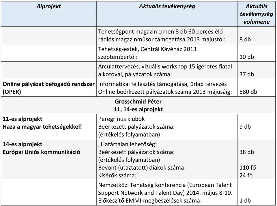 Arculattervezés, vizuális workshop 15 ígéretes fiatal alkotóval, pályázatok Informatikai fejlesztés támogatása, űrlap tervezés Online beérkezett pályázatok száma 2013 májusáig: Grosschmid Péter 11,