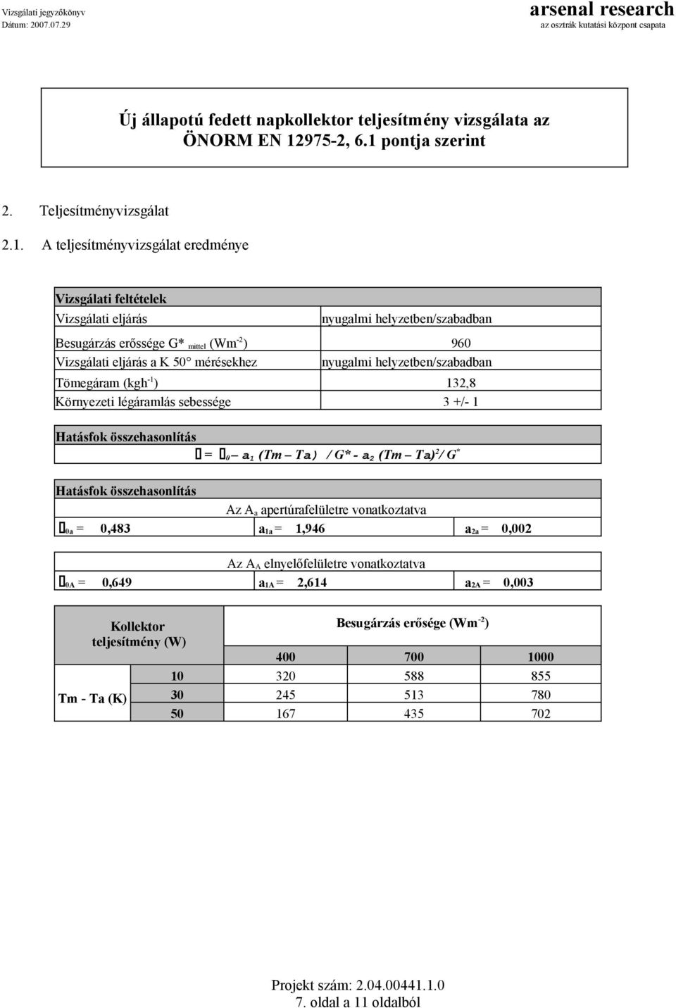 pontja szerint 2. Teljesítményvizsgálat 2.1.