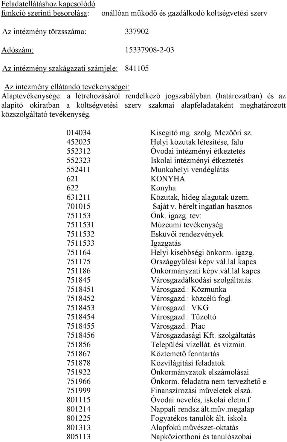 meghatározott közszolgáltató tevékenység. 014034 Kisegítő mg. szolg. Mezőőri sz.