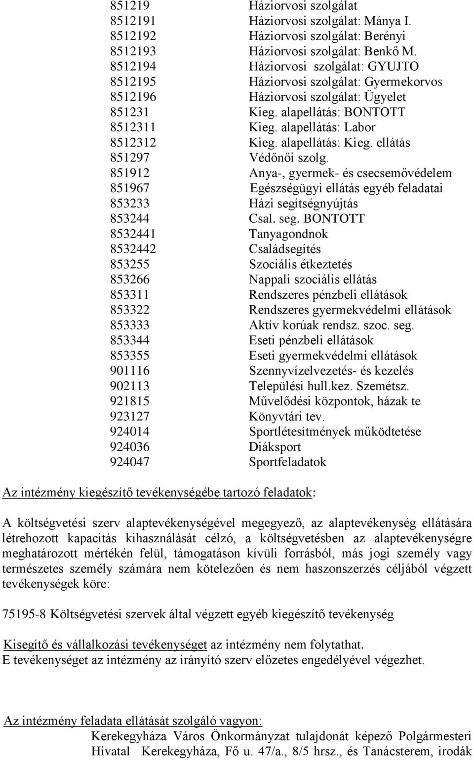 alapellátás: Kieg. ellátás 851297 Védőnői szolg. 851912 Anya-, gyermek- és csecsemővédelem 851967 Egészségügyi ellátás egyéb feladatai 853233 Házi segí