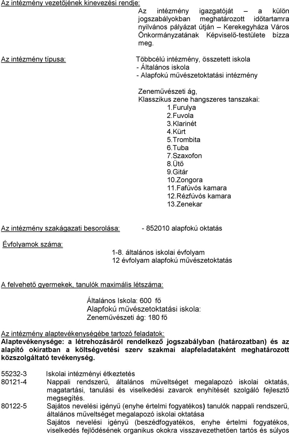 Fuvola 3.Klarinét 4.Kürt 5.Trombita 6.Tuba 7.Szaxofon 8.Ütő 9.Gitár 10.Zongora 11.Fafúvós kamara 12.Rézfúvós kamara 13.