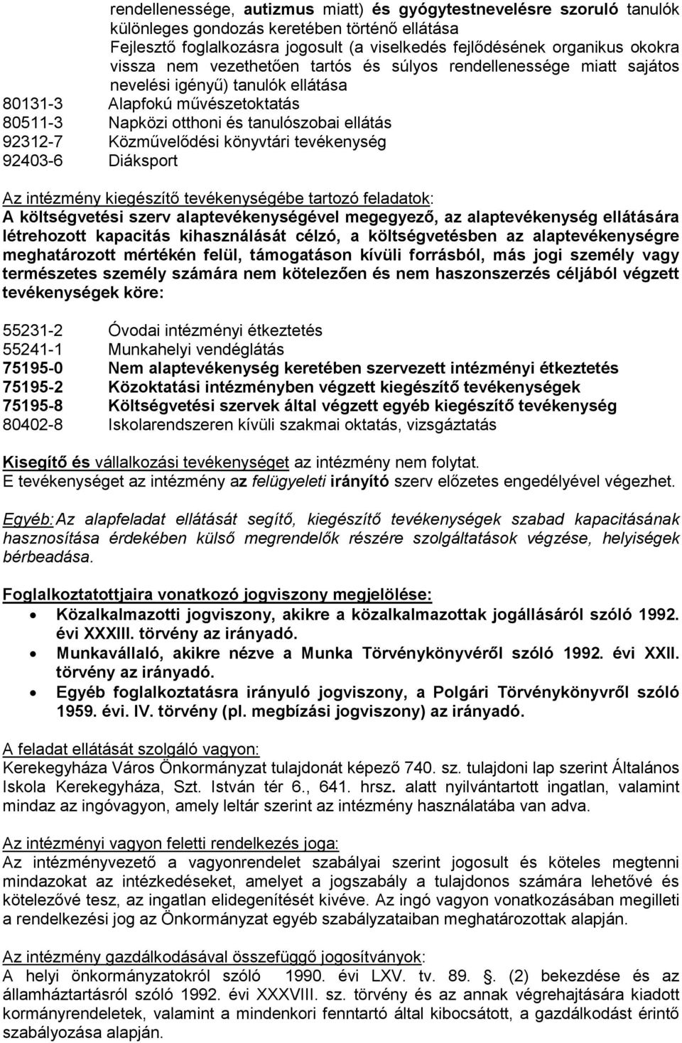 Közművelődési könyvtári tevékenység 92403-6 Diáksport Az intézmény kiegészítő tevékenységébe tartozó feladatok: A költségvetési szerv alaptevékenységével megegyező, az alaptevékenység ellátására