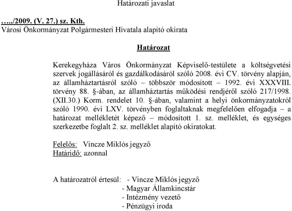 törvény alapján, az államháztartásról szóló többször módosított 1992. évi XXXVIII. törvény 88. -ában, az államháztartás működési rendjéről szóló 217/1998. (XII.30.) Korm. rendelet 10.