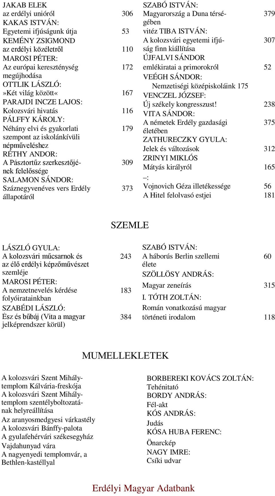SÁNDOR: Száznegyvenéves vers Erdély állapotáról 179 309 373 SZABÓ ISTVÁN: Magyarország a Duna térsé- 379 gében vitéz TIBA ISTVÁN: A kolozsvári egyetemi ifjú- 307 ság finn kiállítása ÚJFALVI SÁNDOR