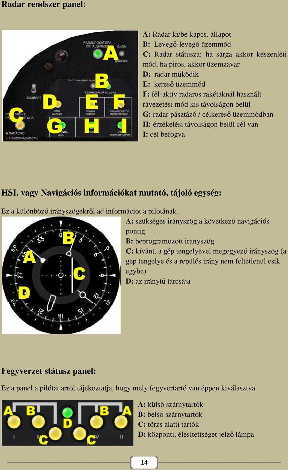 kis távolságon belül G: radar pásztázó / célkereső üzemmódban H: érzékelési távolságon belül cél van I: cél befogva HSI.