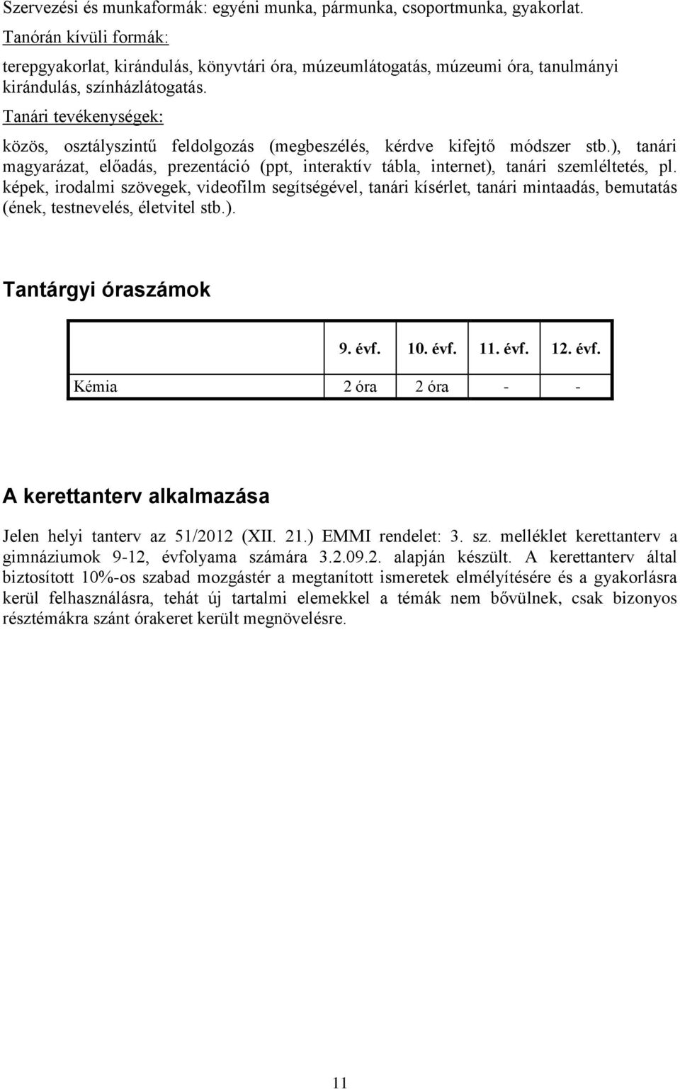 képek, irodalmi szövegek, videofilm segítségével, tanári kísérlet, tanári mintaadás, bemutatás (ének, testnevelés, életvitel stb.). Tantárgyi óraszámok 9. évf.