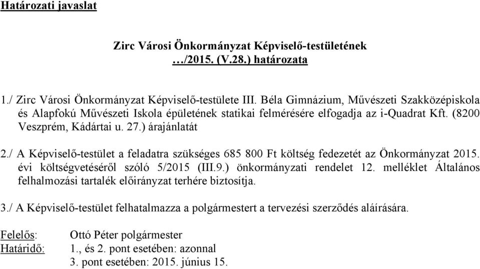 / A Képviselő-testület a feladatra szükséges 685 800 Ft költség fedezetét az Önkormányzat 2015. évi költségvetéséről szóló 5/2015 (III.9.) önkormányzati rendelet 12.