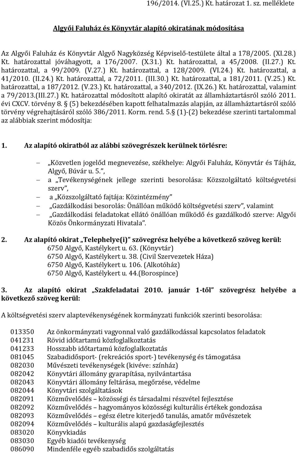 (III.30.) Kt. határozattal, a 181/2011. (V.25.) Kt. határozattal, a 187/2012. (V.23.) Kt. határozattal, a 340/2012. (IX.26.) Kt. határozattal, valamint a 79/2013.(III.27.) Kt. határozattal módosított alapító okiratát az államháztartásról szóló 2011.