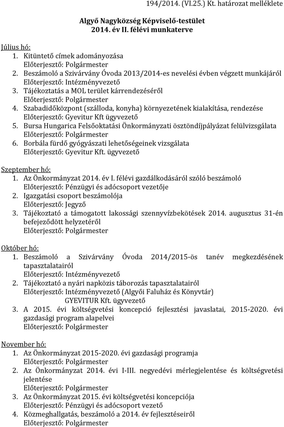 Szabadidőközpont (szálloda, konyha) környezetének kialakítása, rendezése Előterjesztő: Gyevitur Kft ügyvezető 5.