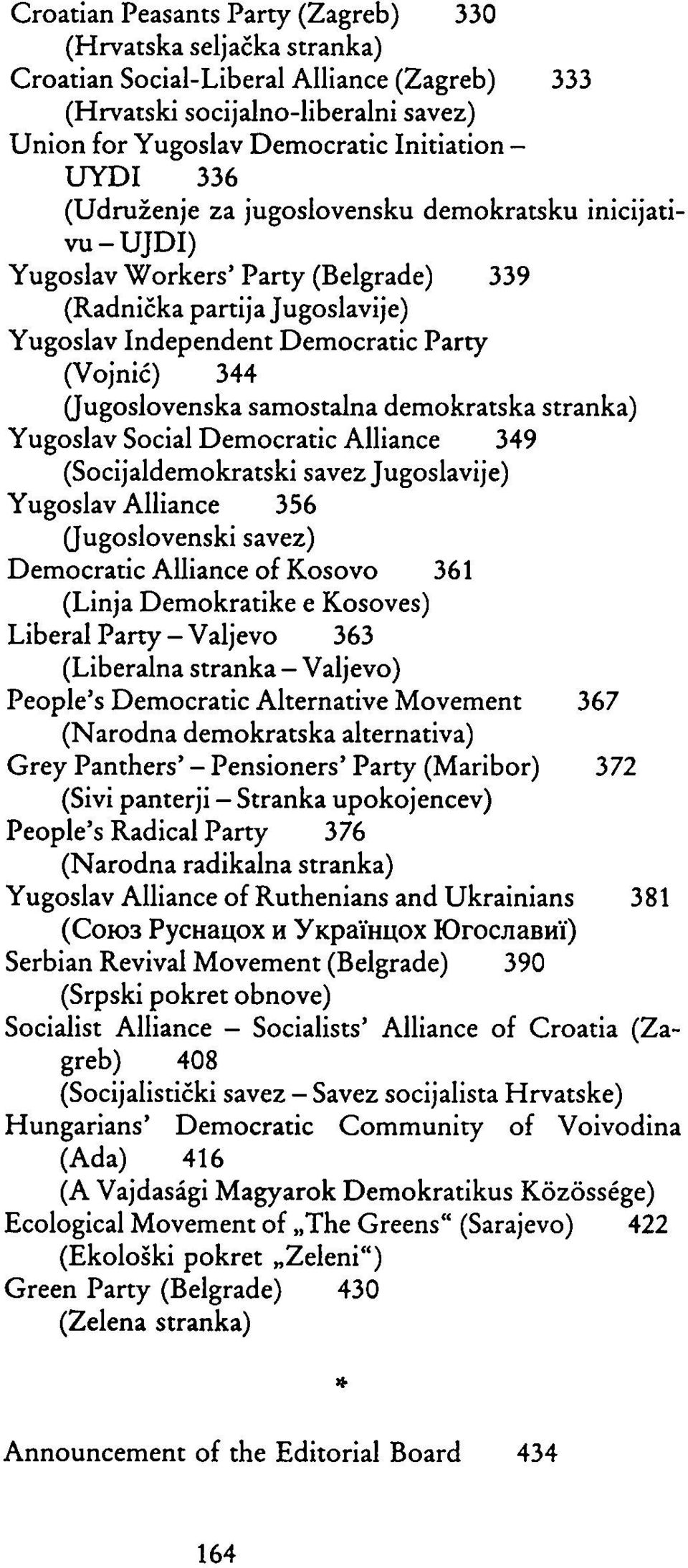 samostalna demokratska stranka) Yugoslav Social Democratic Alliance 349 (Socijaldemokratski savez Jugoslavije) Yugoslav Alliance 356 (Jugoslovenski savez) Democratic Alliance of Kosovo 361 (Linja