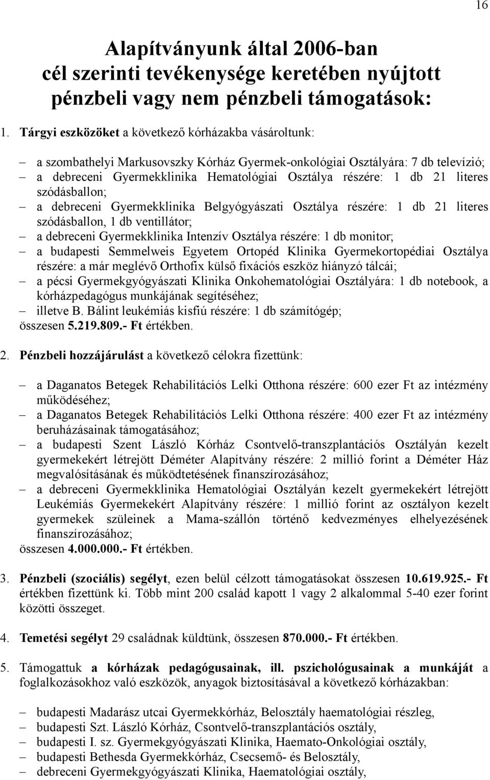 21 literes szódásballon; a debreceni Gyermekklinika Belgyógyászati Osztálya részére: 1 db 21 literes szódásballon, 1 db ventillátor; a debreceni Gyermekklinika Intenzív Osztálya részére: 1 db