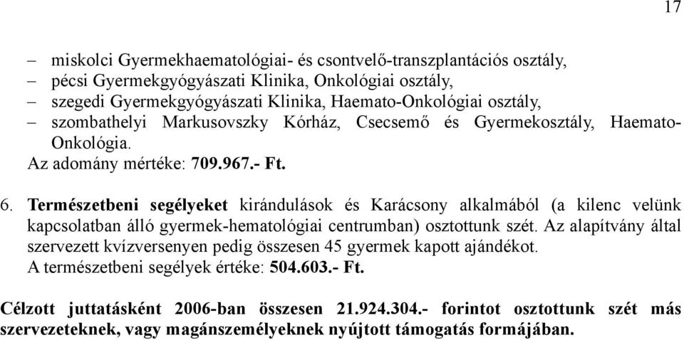 Természetbeni segélyeket kirándulások és Karácsony alkalmából (a kilenc velünk kapcsolatban álló gyermek-hematológiai centrumban) osztottunk szét.