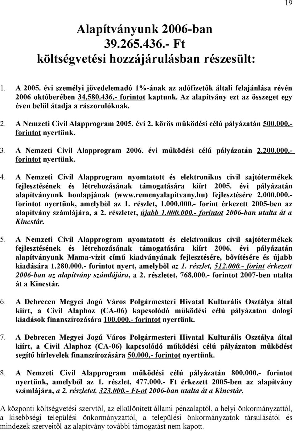 A Nemzeti Civil Alapprogram 2006. évi működési célú pályázatán 2.200.000.- forintot nyertünk. 4.