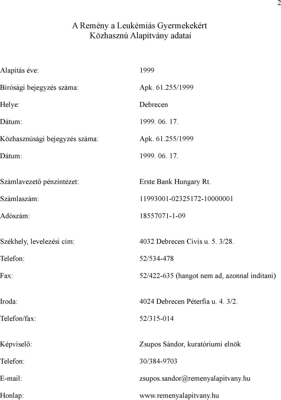 Számlaszám: 11993001-02325172-10000001 Adószám: 18557071-1-09 Székhely, levelezési cím: 4032 Debrecen Cívis u. 5. 3/28.