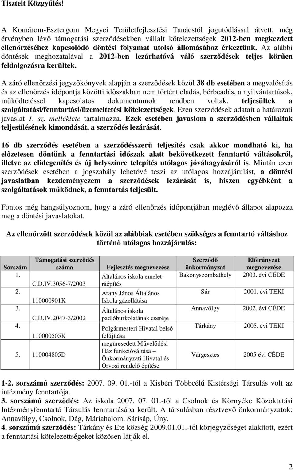 állomásához érkeztünk. Az alábbi döntések meghozatalával a 2012-ben lezárhatóvá váló szerződések teljes körűen feldolgozásra kerültek.