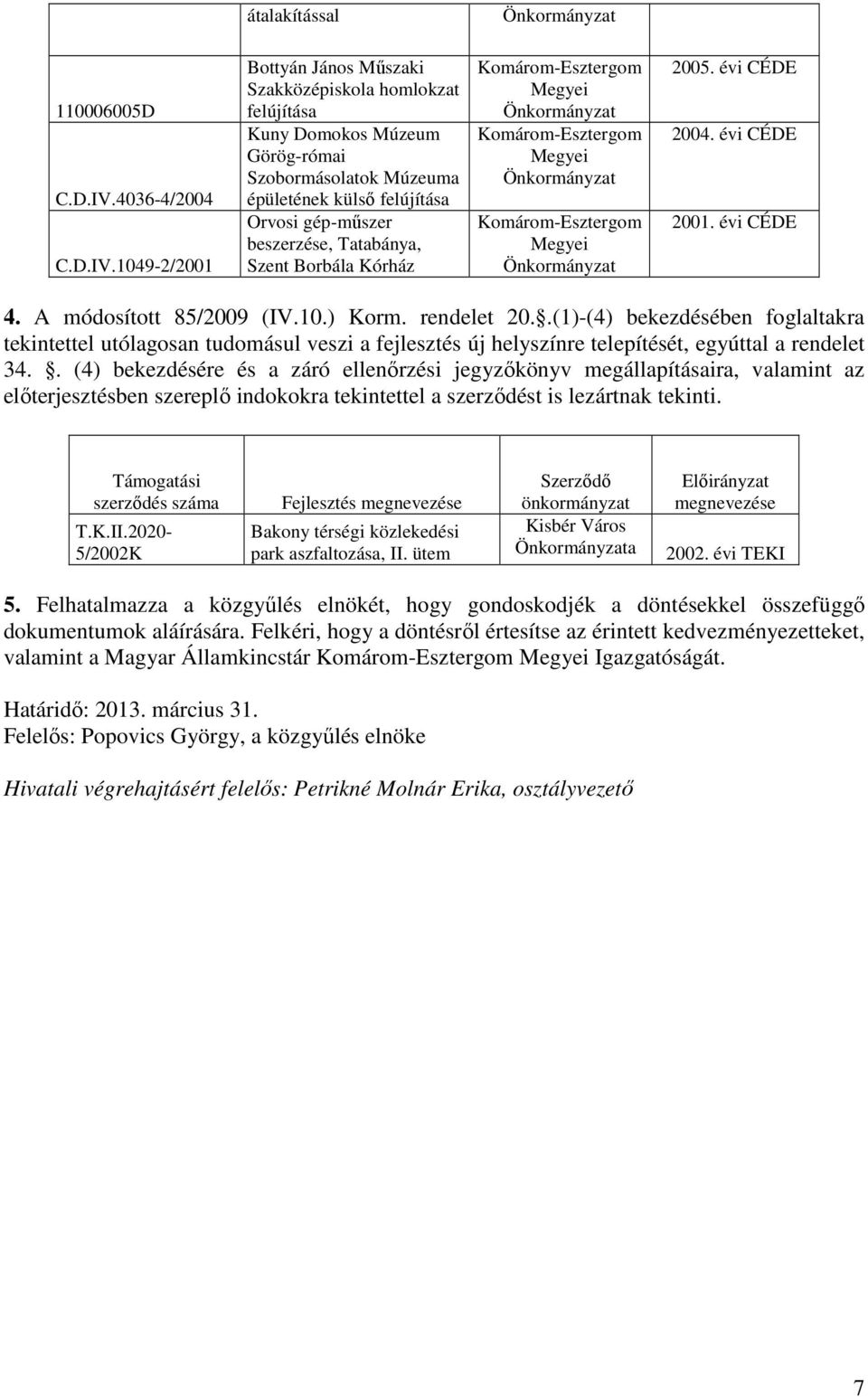 1049-2/2001 Bottyán János Műszaki Szakközépiskola homlokzat felújítása Kuny Domokos Múzeum Görög-római Szobormásolatok Múzeuma épületének külső felújítása Orvosi gép-műszer beszerzése, Tatabánya,