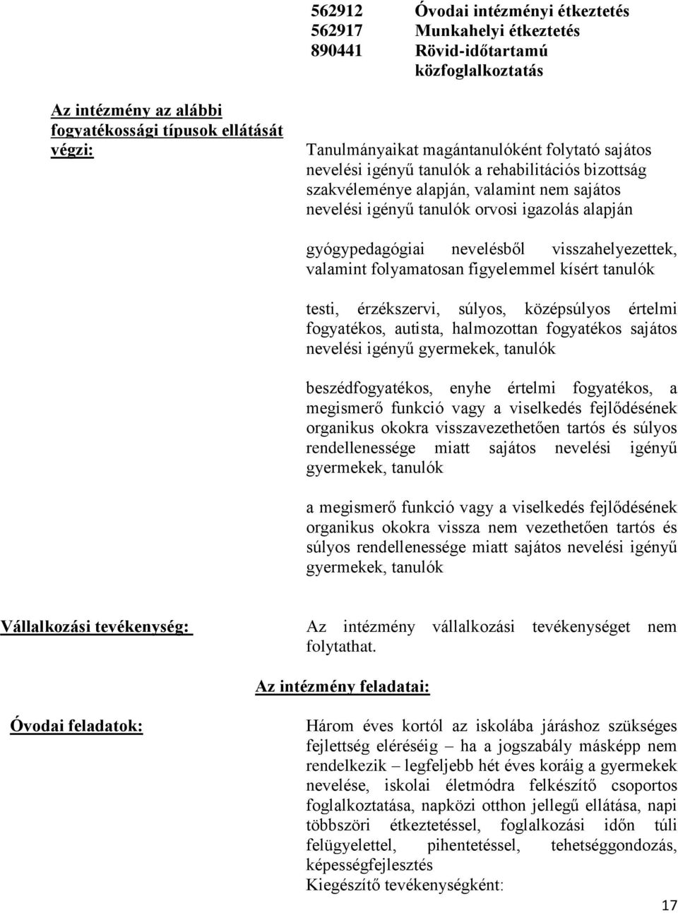 nevelésből visszahelyezettek, valamint folyamatosan figyelemmel kísért tanulók testi, érzékszervi, súlyos, középsúlyos értelmi fogyatékos, autista, halmozottan fogyatékos sajátos nevelési igényű