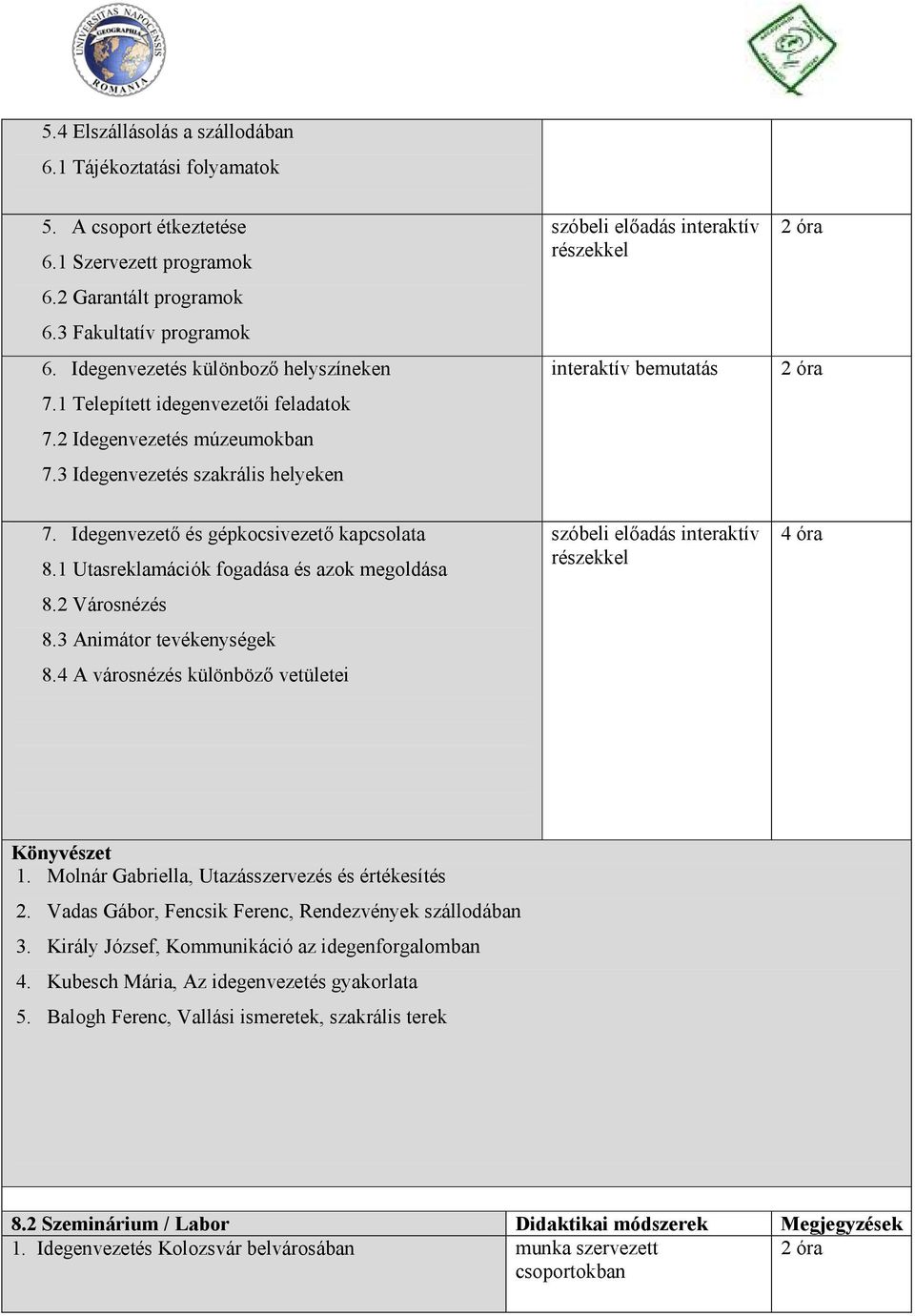 Idegenvezetı és gépkocsivezetı kapcsolata 8.1 Utasreklamációk fogadása és azok megoldása 8.2 Városnézés 8.3 Animátor ek 8.4 A városnézés különbözı vetületei 4 óra Könyvészet 1.