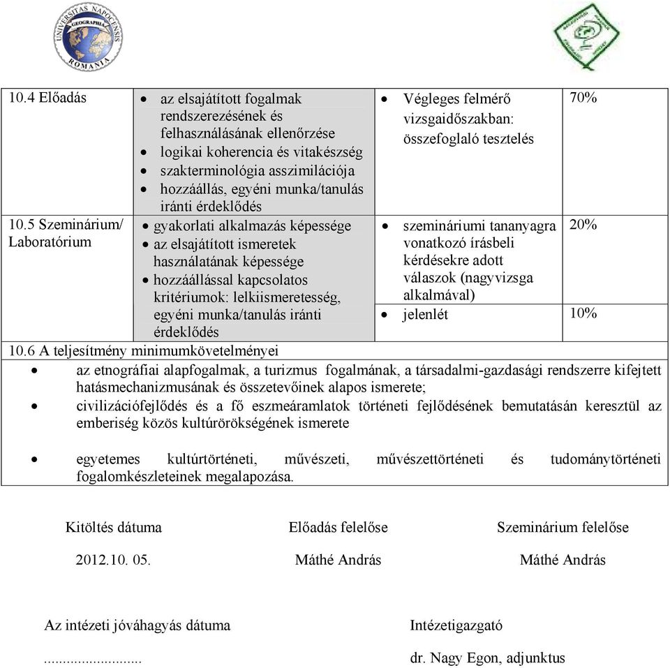 5 Szeminárium/ Laboratórium gyakorlati alkalmazás képessége az elsajátított ismeretek használatának képessége hozzáállással kapcsolatos kritériumok: lelkiismeretesség, egyéni munka/tanulás iránti